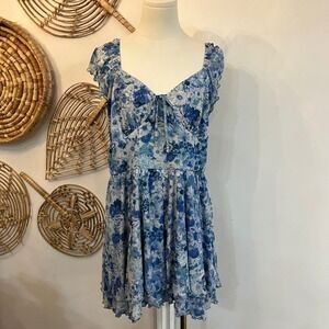 Blue Floral Cottagecore Romper Ruffle Sleeve Boho Romper Plus size XL